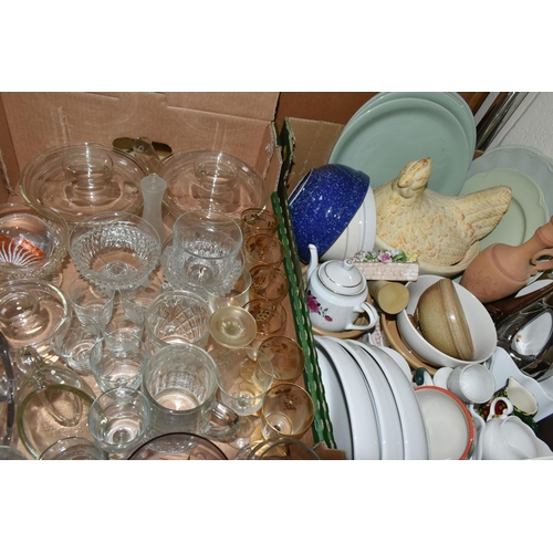 540 - FOUR BOXES OF GLASSWARE AND CERAMICS, to include mid-century lemonade sets, dessert sets, drinking g... 