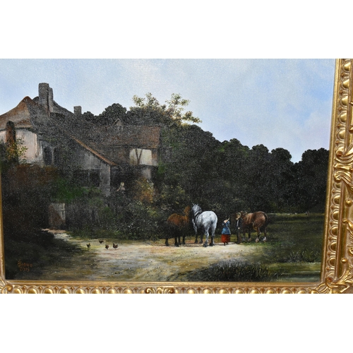 541 - A 21ST CENTURY NOSTALGIC GENRE PAINTING, depicting figures and horses standing before an Inn, signed... 