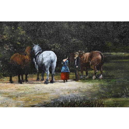 541 - A 21ST CENTURY NOSTALGIC GENRE PAINTING, depicting figures and horses standing before an Inn, signed... 