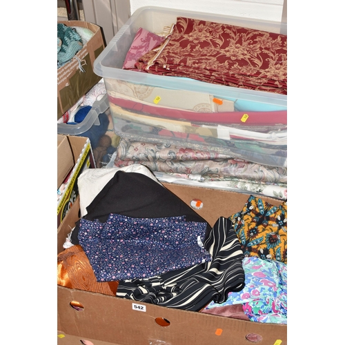 542 - NINE BOXES OF FABRICS, HABERDASHERY AND WOOL, to include a large quantity of balls of wool, maker's ... 