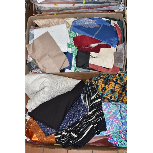 542 - NINE BOXES OF FABRICS, HABERDASHERY AND WOOL, to include a large quantity of balls of wool, maker's ... 