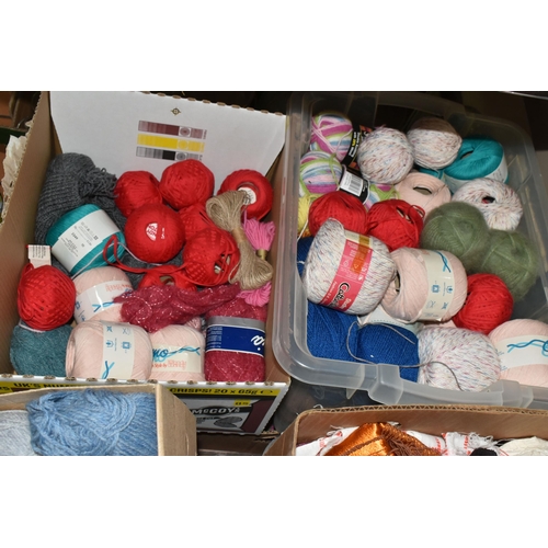 542 - NINE BOXES OF FABRICS, HABERDASHERY AND WOOL, to include a large quantity of balls of wool, maker's ... 