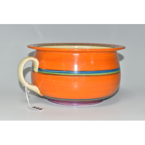 544 - A 'FANTASQUE' CHAMBER POT BY CLARICE CLIFF, Wilkinson Ltd. orange, blue, purple and green banding de... 