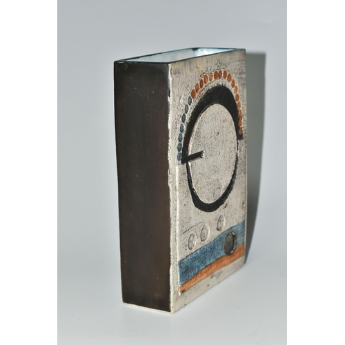 548 - A MID-CENTURY TROIKA SLAB VASE, designed by Honor Curtis, black, blue and brown geometric designs on... 