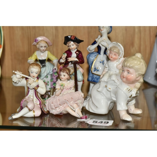 549 - A GROUP OF PORCELAIN FIGURES, comprising a pair of Irish Dresden figures - Romeo and Juliet (Juliet ... 