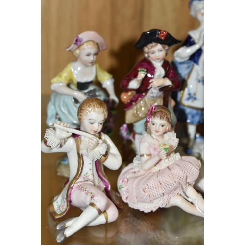 549 - A GROUP OF PORCELAIN FIGURES, comprising a pair of Irish Dresden figures - Romeo and Juliet (Juliet ... 