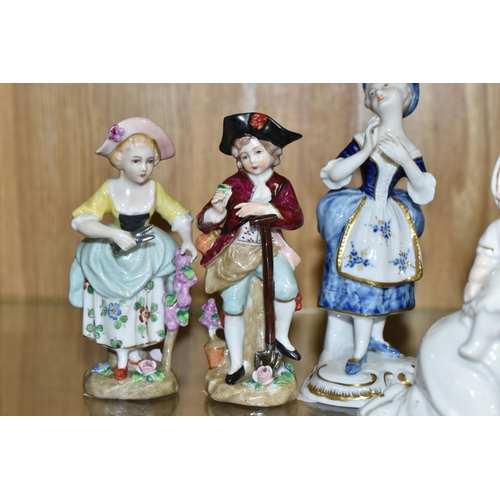 549 - A GROUP OF PORCELAIN FIGURES, comprising a pair of Irish Dresden figures - Romeo and Juliet (Juliet ... 