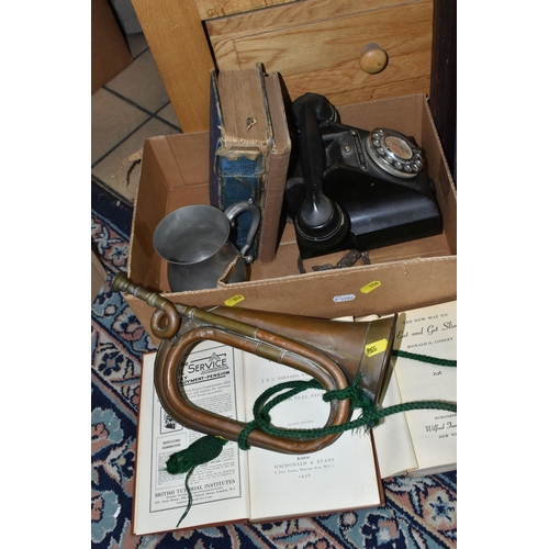 556 - TWO BOXES OF MISCELLANEOUS SUNDRIES, to include a black Bakelite converted telephone 312F PL53/3A (h... 