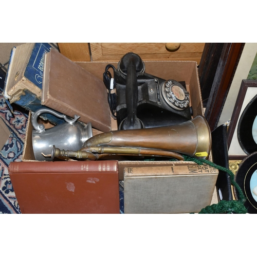 556 - TWO BOXES OF MISCELLANEOUS SUNDRIES, to include a black Bakelite converted telephone 312F PL53/3A (h... 