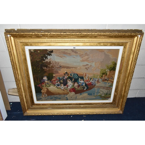 564 - A LATE VICTORIAN TAPESTRY, of a 17th Century scene of Royalty in a boat approaching a jetty, the gil... 