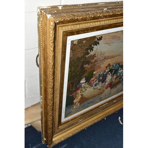 564 - A LATE VICTORIAN TAPESTRY, of a 17th Century scene of Royalty in a boat approaching a jetty, the gil... 