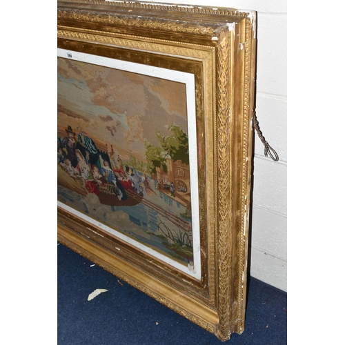 564 - A LATE VICTORIAN TAPESTRY, of a 17th Century scene of Royalty in a boat approaching a jetty, the gil... 