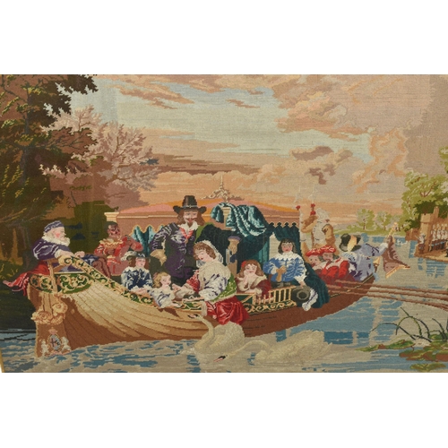 564 - A LATE VICTORIAN TAPESTRY, of a 17th Century scene of Royalty in a boat approaching a jetty, the gil... 