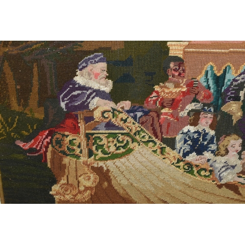 564 - A LATE VICTORIAN TAPESTRY, of a 17th Century scene of Royalty in a boat approaching a jetty, the gil... 