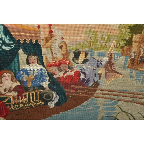 564 - A LATE VICTORIAN TAPESTRY, of a 17th Century scene of Royalty in a boat approaching a jetty, the gil... 