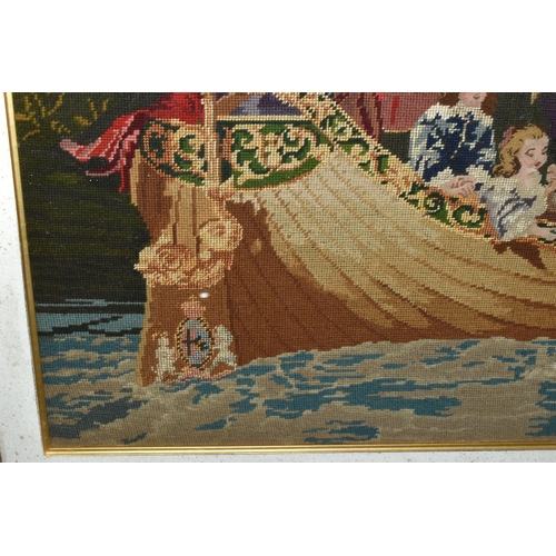 564 - A LATE VICTORIAN TAPESTRY, of a 17th Century scene of Royalty in a boat approaching a jetty, the gil... 