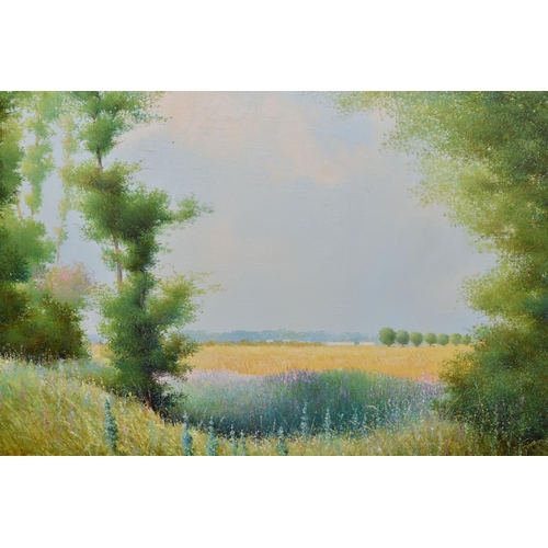 565 - KEN (K B) HANCOCK (BRITISH 1925-2014) 'SUMMER CORNFIELDS', a French impressionist style landscape de... 