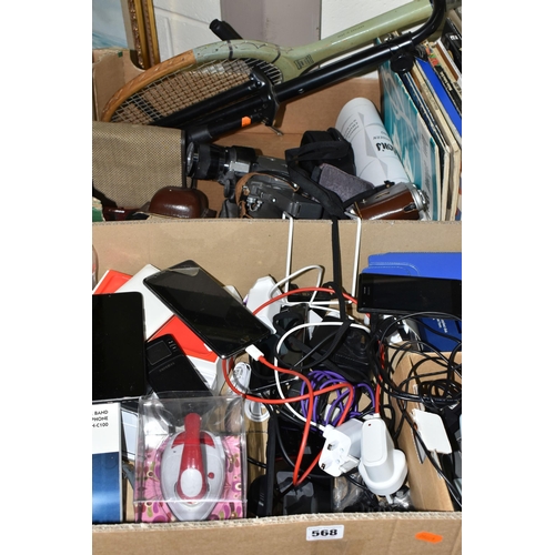 568 - TWO BOXES OF ELECTRICAL, PHOTOGRAPHIC AND SUNDRIES ETC, to include a Windows XP Toshiba laptop compu... 