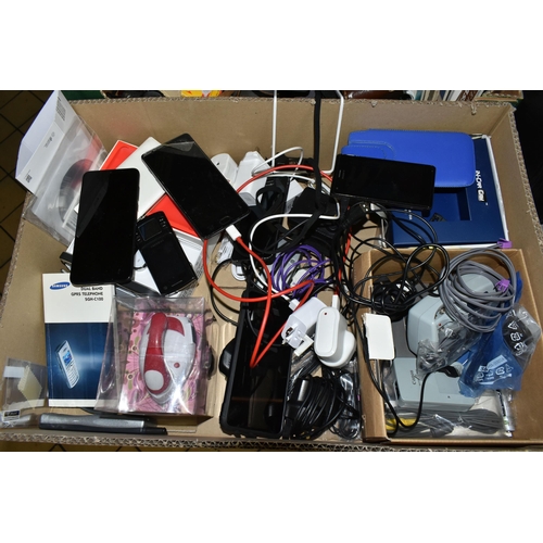 568 - TWO BOXES OF ELECTRICAL, PHOTOGRAPHIC AND SUNDRIES ETC, to include a Windows XP Toshiba laptop compu... 