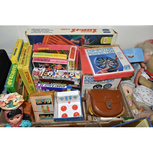 569 - FOUR BOXES AND A TRAY OF VINTAGE TOYS AND GAMES ETC, to include Top-it game, Computer Perfection gam... 