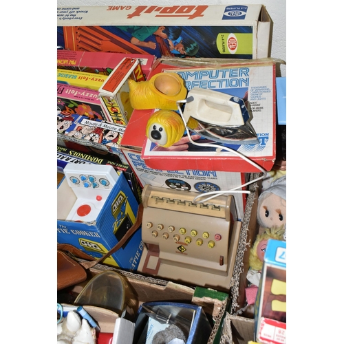 569 - FOUR BOXES AND A TRAY OF VINTAGE TOYS AND GAMES ETC, to include Top-it game, Computer Perfection gam... 