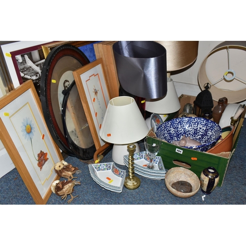 484 - A BOX AND LOOSE CERAMICS, PICTURES, LAMPS AND SUNDRY ITEMS, to include Honiton pottery animal money ... 
