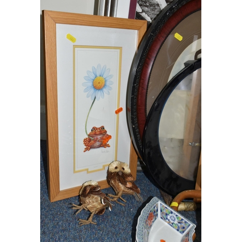 484 - A BOX AND LOOSE CERAMICS, PICTURES, LAMPS AND SUNDRY ITEMS, to include Honiton pottery animal money ... 