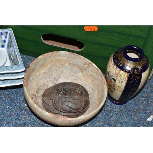 484 - A BOX AND LOOSE CERAMICS, PICTURES, LAMPS AND SUNDRY ITEMS, to include Honiton pottery animal money ... 