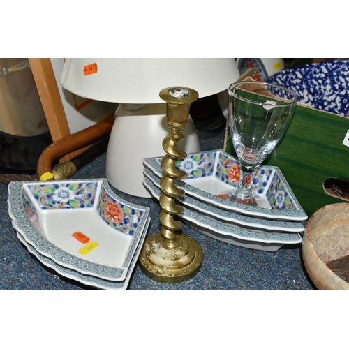 484 - A BOX AND LOOSE CERAMICS, PICTURES, LAMPS AND SUNDRY ITEMS, to include Honiton pottery animal money ... 