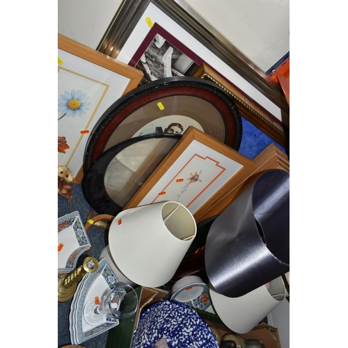 484 - A BOX AND LOOSE CERAMICS, PICTURES, LAMPS AND SUNDRY ITEMS, to include Honiton pottery animal money ... 