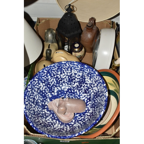 484 - A BOX AND LOOSE CERAMICS, PICTURES, LAMPS AND SUNDRY ITEMS, to include Honiton pottery animal money ... 