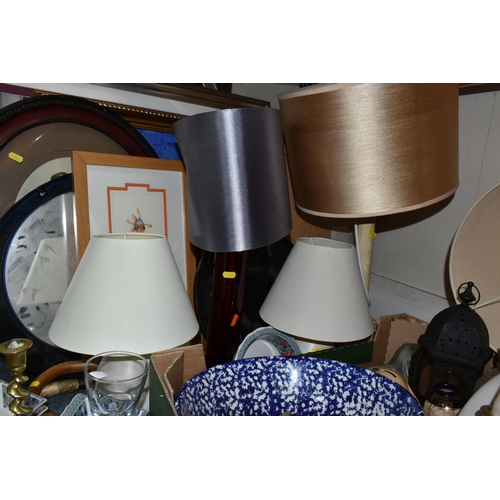 484 - A BOX AND LOOSE CERAMICS, PICTURES, LAMPS AND SUNDRY ITEMS, to include Honiton pottery animal money ... 