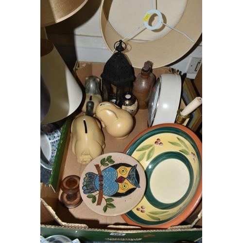484 - A BOX AND LOOSE CERAMICS, PICTURES, LAMPS AND SUNDRY ITEMS, to include Honiton pottery animal money ... 