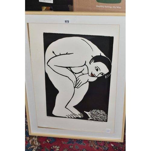 573 - ANITA KLEIN (AUSTRALIA 1960) 'LADY WITH HEDGEHOG', a signed limited edition woodcut print 39/50, sig... 