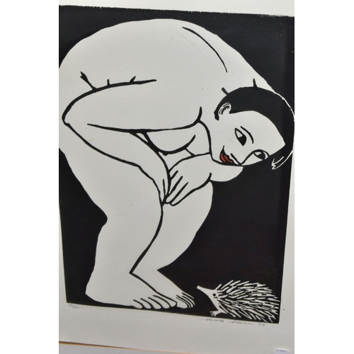 573 - ANITA KLEIN (AUSTRALIA 1960) 'LADY WITH HEDGEHOG', a signed limited edition woodcut print 39/50, sig... 