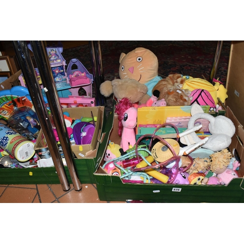 575 - THREE BOXES AND LOOSE TOYS, to include My Little Pony, Mr Men and Peppa Pig plushes, a Dinky USS Ent... 