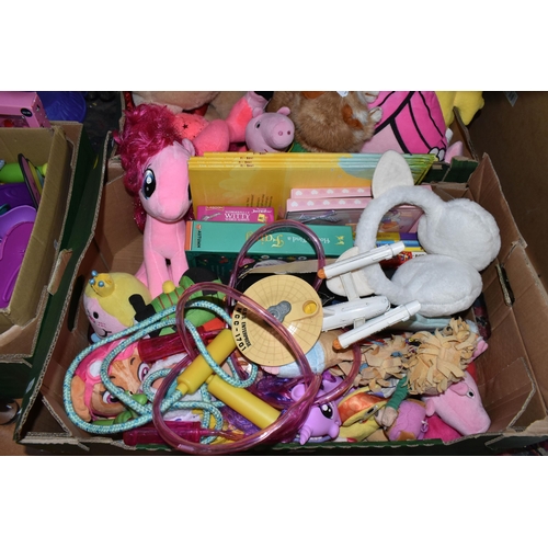 575 - THREE BOXES AND LOOSE TOYS, to include My Little Pony, Mr Men and Peppa Pig plushes, a Dinky USS Ent... 