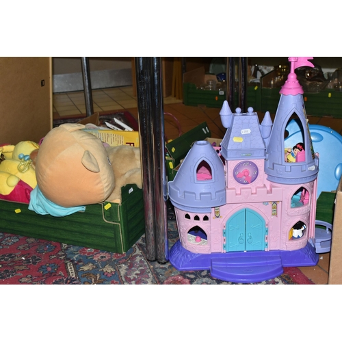 575 - THREE BOXES AND LOOSE TOYS, to include My Little Pony, Mr Men and Peppa Pig plushes, a Dinky USS Ent... 