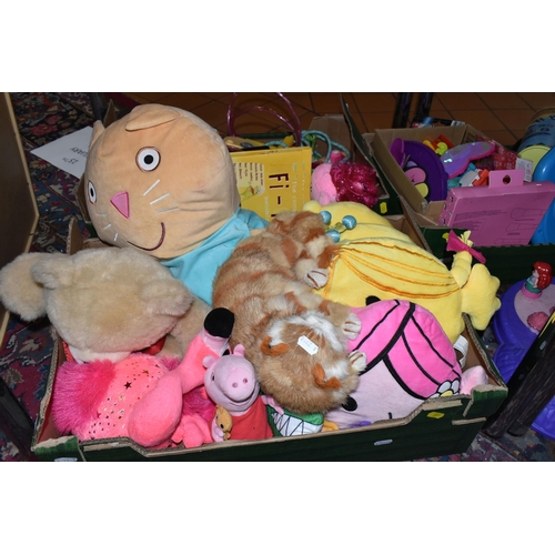 575 - THREE BOXES AND LOOSE TOYS, to include My Little Pony, Mr Men and Peppa Pig plushes, a Dinky USS Ent... 