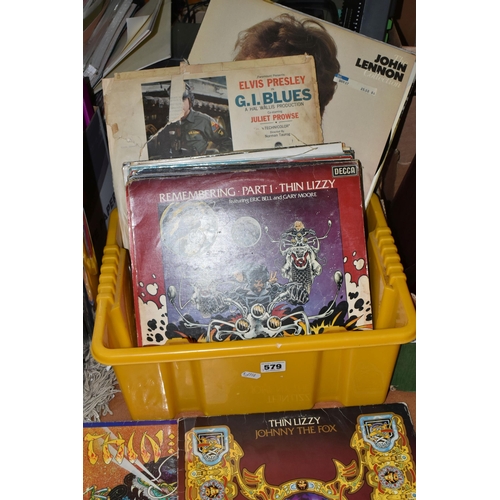 579 - TWO BOXES OF RECORDS AND ELECTRONICS, to include twenty three LPs by artists including Thin Lizzy, E... 