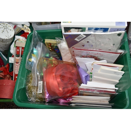 580 - FIVE BOXES OF CHRISTMAS AND PARTY ITEMS, to include Christmas candles (some vintage), fairy lights (... 