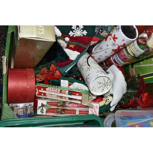 580 - FIVE BOXES OF CHRISTMAS AND PARTY ITEMS, to include Christmas candles (some vintage), fairy lights (... 