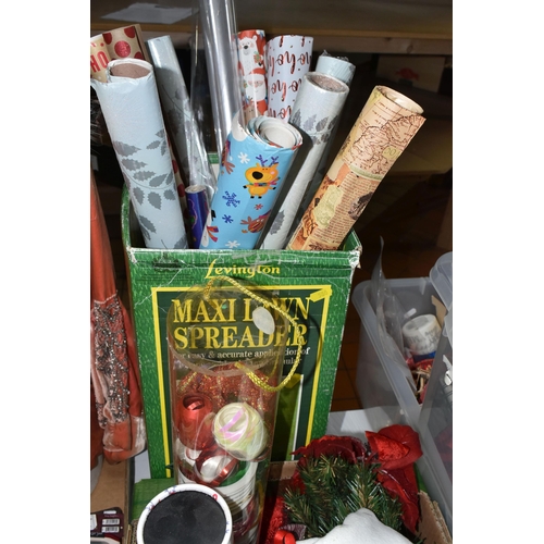 580 - FIVE BOXES OF CHRISTMAS AND PARTY ITEMS, to include Christmas candles (some vintage), fairy lights (... 