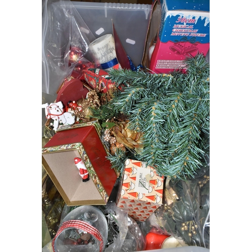 580 - FIVE BOXES OF CHRISTMAS AND PARTY ITEMS, to include Christmas candles (some vintage), fairy lights (... 