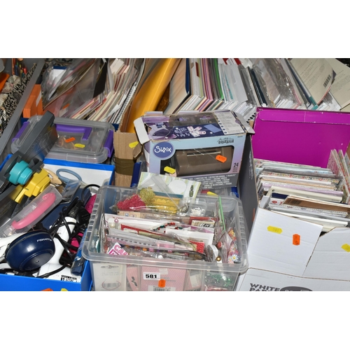 581 - SEVEN BOXES AND LOOSE PAPERCRAFTING SUPPLIES, to include 12'' x 12'', A4, A5 and smaller papers, car... 