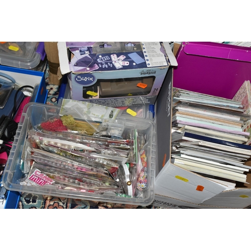 581 - SEVEN BOXES AND LOOSE PAPERCRAFTING SUPPLIES, to include 12'' x 12'', A4, A5 and smaller papers, car... 