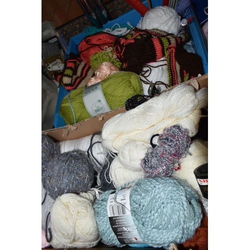 582 - SIX BOXES OF KNITTING AND CROCHET ITEMS, to include various balls of yarn, knitting needles, crochet... 