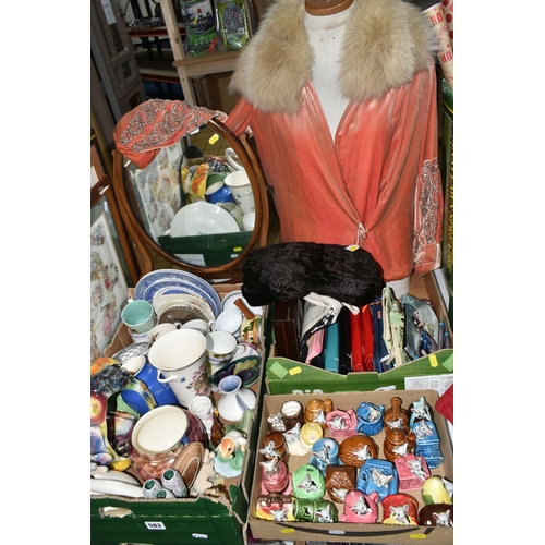 583 - THREE BOXES AND LOOSE VINTAGE FASHION, CERAMICS, PURSES, MIRROR AND SUNDRY ITEMS, to include a 1920s... 