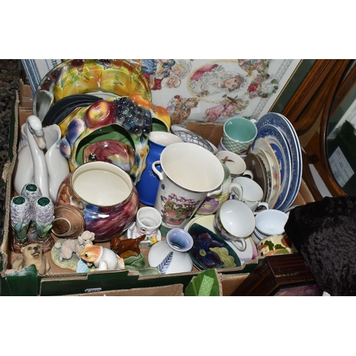 583 - THREE BOXES AND LOOSE VINTAGE FASHION, CERAMICS, PURSES, MIRROR AND SUNDRY ITEMS, to include a 1920s... 