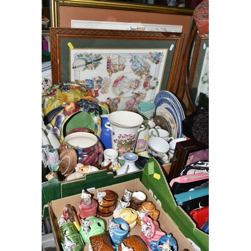 583 - THREE BOXES AND LOOSE VINTAGE FASHION, CERAMICS, PURSES, MIRROR AND SUNDRY ITEMS, to include a 1920s... 